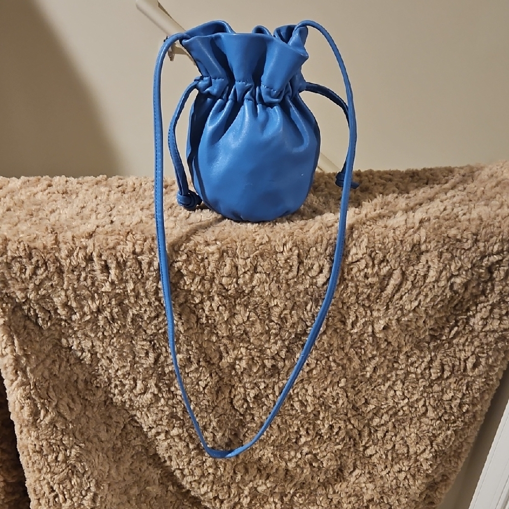 Jcrew Blue Leather Drawstring Pouch Crossbody Bag